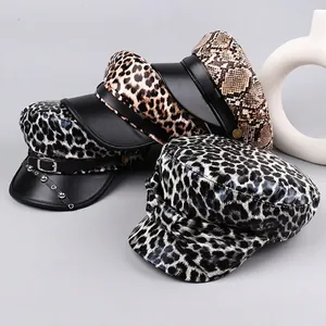 Flat top leopard print hat with PU leather brim and rivet buckle for women