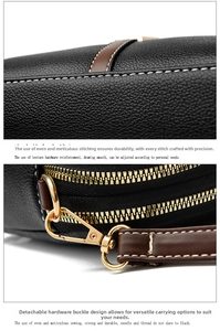 Detail of contrast white stitching and gold hardware on black lychee leather bag