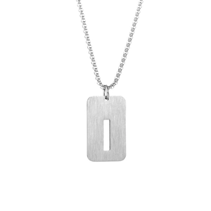 Close-up of silver titanium steel rectangle hollow pendant with durable box chain necklace