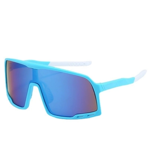 Blue wrap-around cycling sunglasses with multi-color mirrored lenses for sports