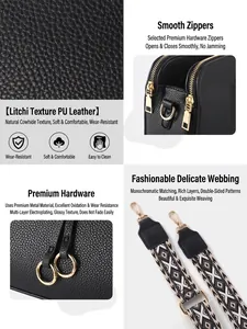 Minimalist black pebbled leather crossbody bag with geometric jacquard strap and gold zippers