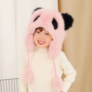 Detailed close-up of pink plush panda trapper hat with windproof earflaps for children