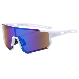 Retro rimless cycling sunglasses with white frame and purple gradient mirrored lenses