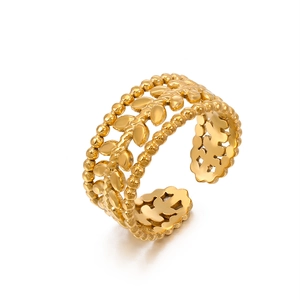Three-layer 18K gold plated stainless steel open ring with vine leaf design