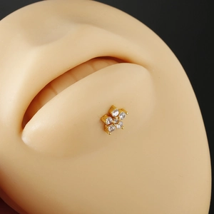 Gold stainless steel labret stud with crystal flower on lip model for body piercing