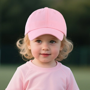 Pink cotton baseball cap for kids shown in an outdoor setting on a young model