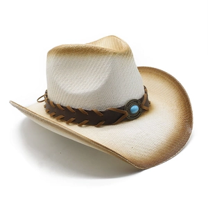 Klassischer Stroh Cowboyhut mit breiter Krempe, braunem Farbverlauf und Türkis Verzierung