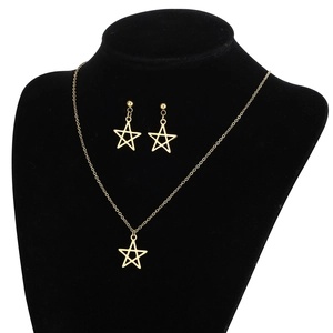 Golden stainless steel pentagram necklace and earrings jewelry set on black bust display