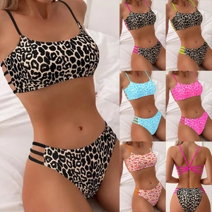 Bikini Top And Bottom Leopard Print Cutout Side High Cut Swimsuit Spaghetti Strap Beachwear