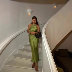Women Halter Maxi Dress Backless Satin Texture Solid Color Sleeveless Elegant Party Gown