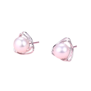 Minimalist S925 silver triangle freshwater pink pearl earrings with hollow double layer design