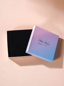 Top view of square gradient purple jewelry gift box with Best Wishes lettering