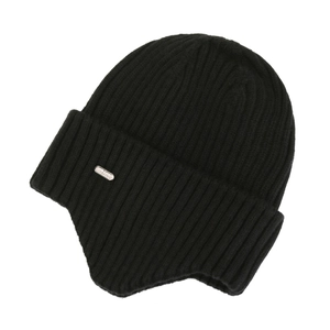 Winter thermal knit beanie with ear flaps and silver metal tag in black rib knit