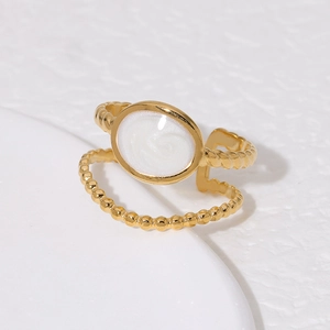 Geometric Oval Enamel Stainless Steel Ring 18K Gold Plated Adjustable Double Layer Band Vintage Luxury Jewelry For Women