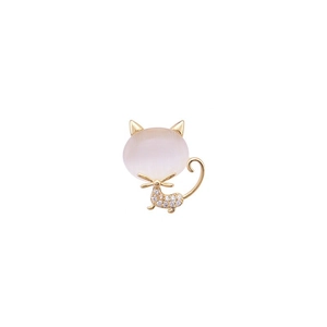 Exquisite gold cat brooch with pink opal gemstone and sparkling rhinestones for women