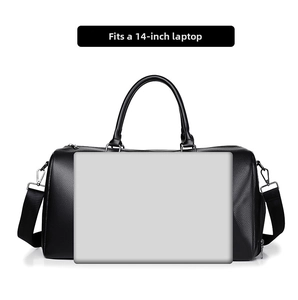 Black pebbled leather travel bag showing fit for a 14-inch laptop and crossbody strap