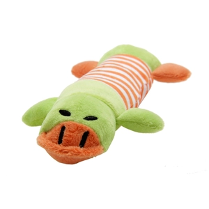 Macro shot of striped plush dinosaur dog toy with durable short plush fabric texture