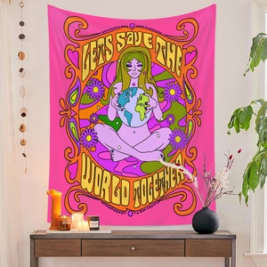 Detail of psychedelic retro tapestry showing a woman holding earth and floral patterns