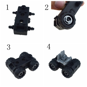 Step-by-step assembly of toy construction vehicle chassis with wheels and seat