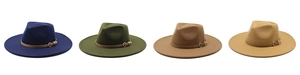 Ligne de chapeaux fedora en laine bleu marine, vert, marron et camel avec boucles