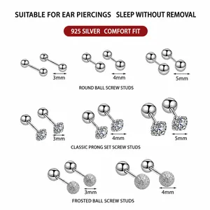 S925 sterling silver stud earring set with round beads and four-claw zircon designs