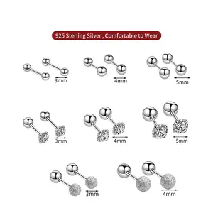 S925 sterling silver stud earring set with round beads and four-claw zircon designs