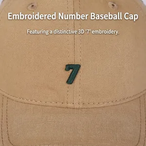 Khaki cotton baseball cap with green number 7 embroidery and soft top sun protection