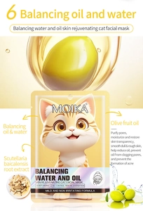 Detail of Moika cat-themed sheet mask showing olive oil and scutellaria extract ingredients