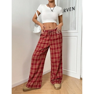 Retro red and yellow plaid wide-leg trousers with drawstring waist in a loose casual style