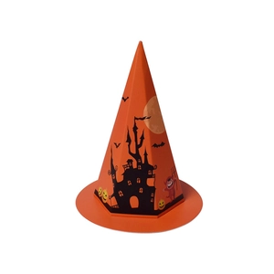 Orange Halloween party hat with black castle and pumpkin silhouette patterns