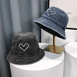 Denim bucket hat with heart embroidery in navy blue and smokey grey vintage styles