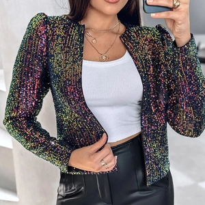 Close-up of colorful sequins and puff sleeve details on this women's sequin jacket