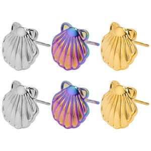 Polished shell-shaped bow stud earrings in silver, gold, and iridescent finishes