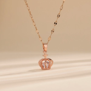 Crown Pendant Necklace Rose Gold Stainless Steel Zircon Hollow Cross Top Elegant Jewelry For Women