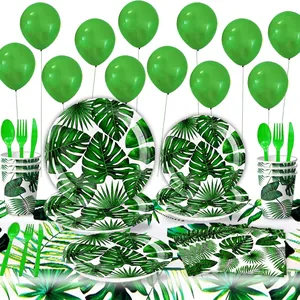 Tropical palm leaf party set with paper plates, cups, napkins, and green cutlery kit
