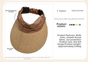 Detail view of woven straw sun visor with wide brim and adjustable brown silk headband