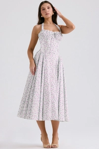 Detail of summer floral halter neck dress with pink purple print and slim waist design