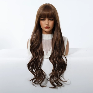 Detailed view of long wavy brown wig with bangs showcasing natural texture and waves