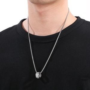 Men's silver titanium steel cross necklace with a cylinder pendant on a square box chain