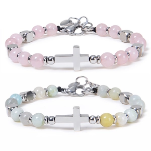 Natural Stone Beaded Bracelet With Stainless Steel Cross Charm Round Gemstone Beads Adjustable Religious Jewelry For Women Men