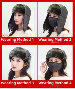Collage montrant quatre façons de porter le chapeau trappeur gris avec masque