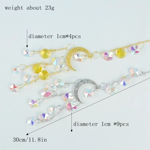 Detailed specs for gold and silver moon suncatchers with crystal stars and 30cm length