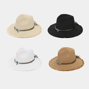 Straw Sun Hat Women Bohemian Panama Boater Flat Top Wide Brim Frayed Edge Turquoise Beads Metal Leaf Breathable Beach