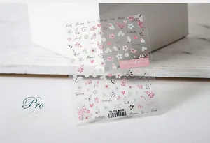 Détail des stickers ongles 5D TS-055 avec fleurs roses, feuilles vertes et papillons