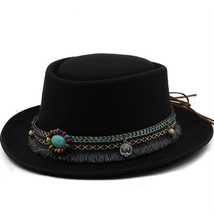 Bohemian Ethnic Fedora Hat Flat Top Wide Brim Polyester Felt With Tassels Beads Turquoise Metal Coin Decor For Women