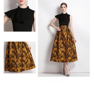 Detail view of the elegant stand-up collar and jacquard floral pattern on the dress