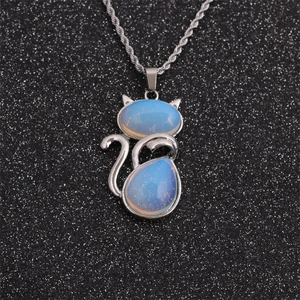 Cat shaped opal stone pendant necklace with silver twisted rope chain for men