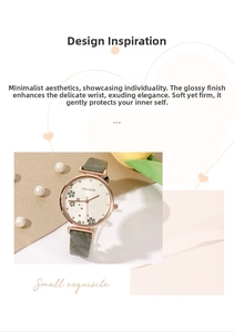 Detail of vintage ladies quartz watch with dark green leather strap and clover dial
