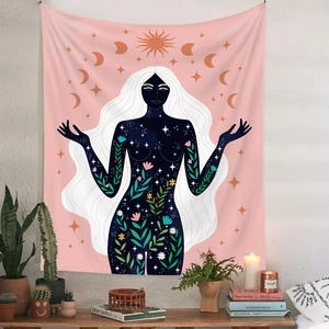 Detailed Bohemian tapestry showing celestial sun, moon phases, and female figure on a wall