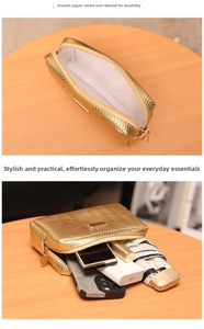 Detailed interior view of a golden woven cosmetic bag showing large storage capacity